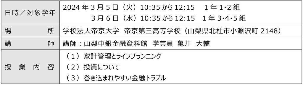 帝京第三高等学校においてマネースクール「社会を生き抜くための第一歩」を実施します